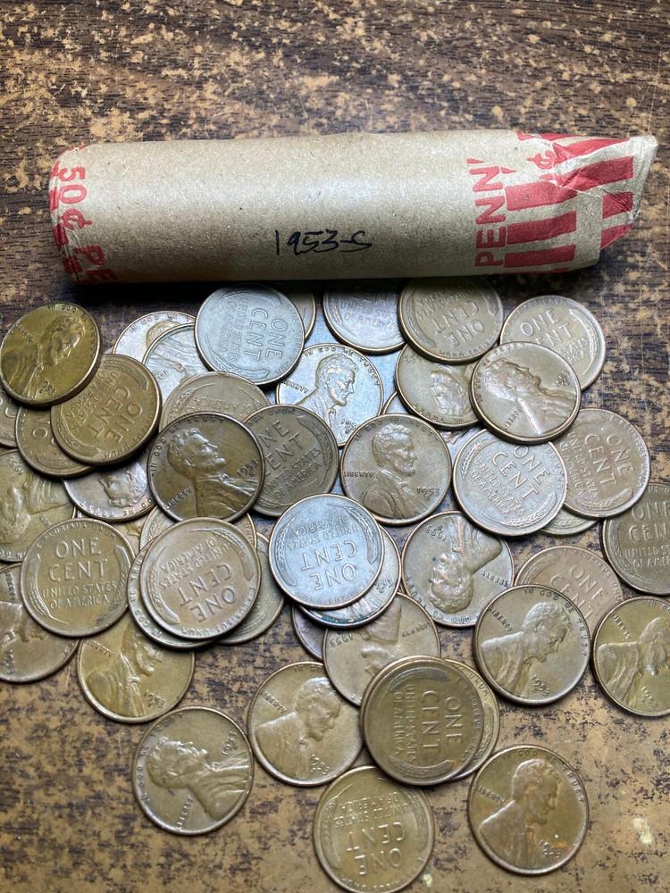 1953-S LINCOLN WHEAT CENT ROLL, nice condition