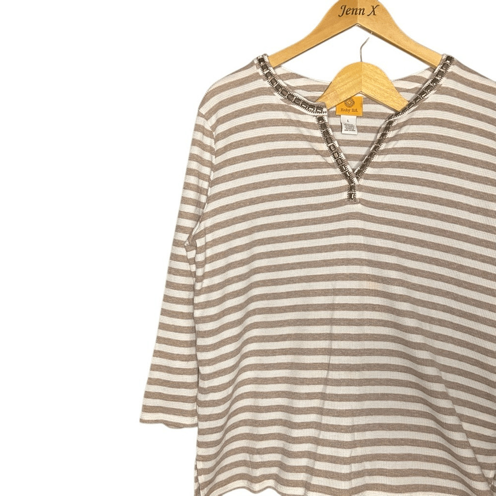 Ruby Rd. Brown Long Sleeve Striped Tunic Size L & Pull On Ankle Pants Size 14P