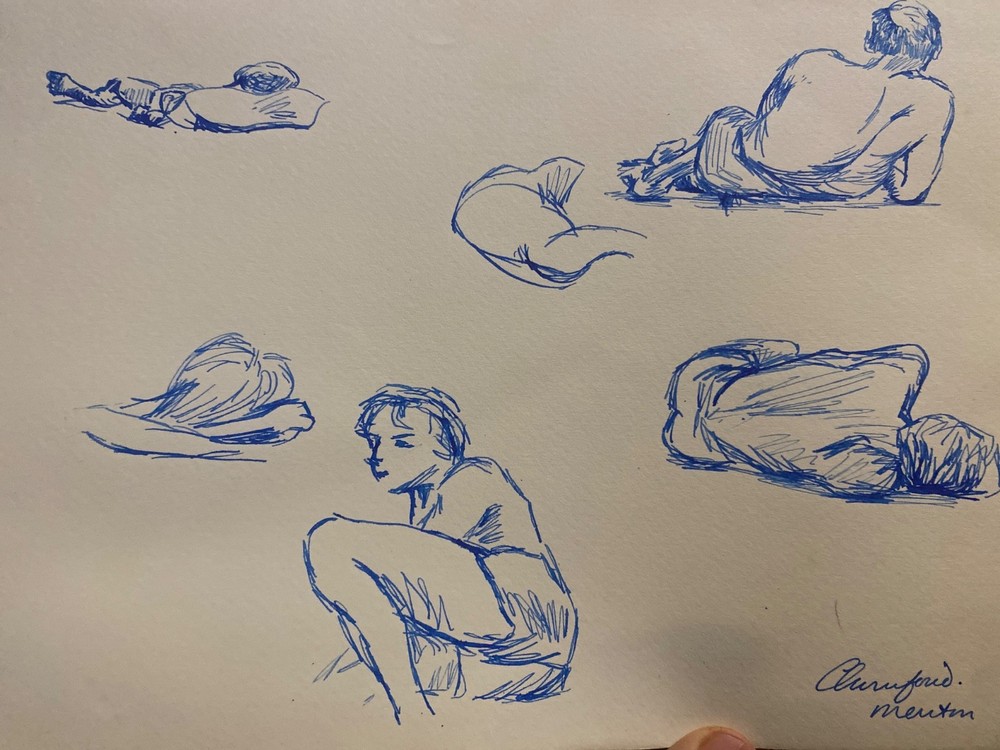 3 blue ink sketches, of people sunbathing