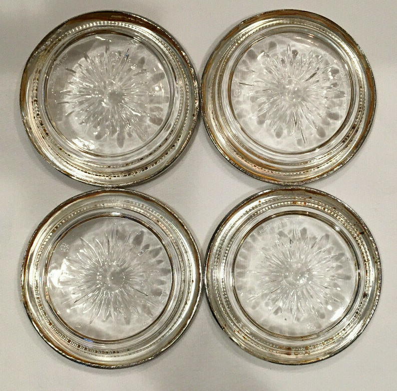 Italy 4 Coasters Leonard Silver Plate Silverplate Rimmed Glass Insert Set