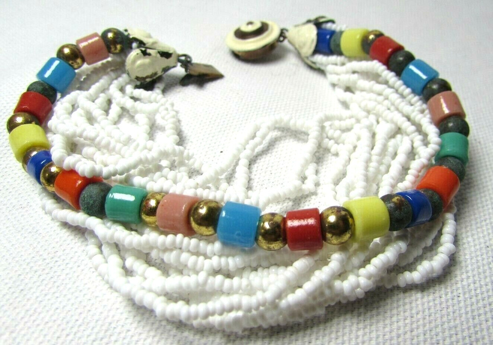 Vintage White 17 Seventeen Multi Strand Seed Bead Bracelet Bold Statement Boho