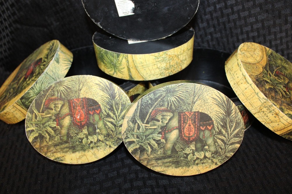 Set of 2 (4 ct) Stackable Nesting Oval Storage Boxes:World Globe Elephant Jungle