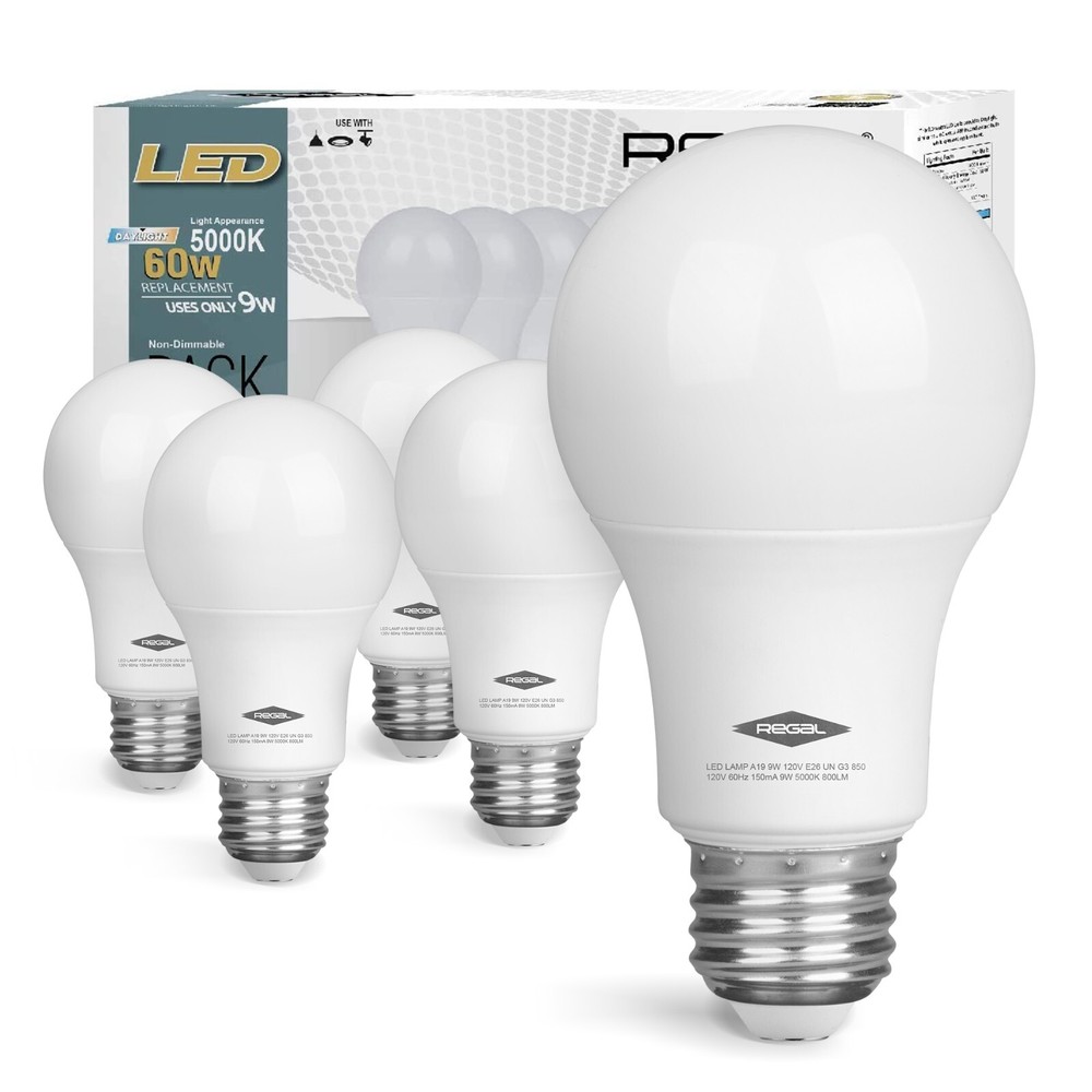 5 Pack Regal LED A19, E26 Light Bulbs Daylight 9W (60W Equivalent) 800 Lumens