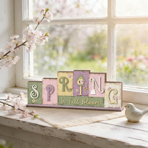 Spring Table Decor Farmhouse Easter Table Centerpiece, Reversible Wooden Pastel