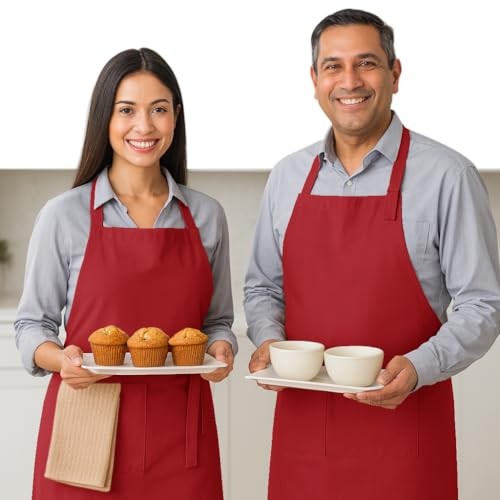 Kitchen Apron 2 Pack - 100% Cotton Adjustable, Durable Apron with Pockets, Red