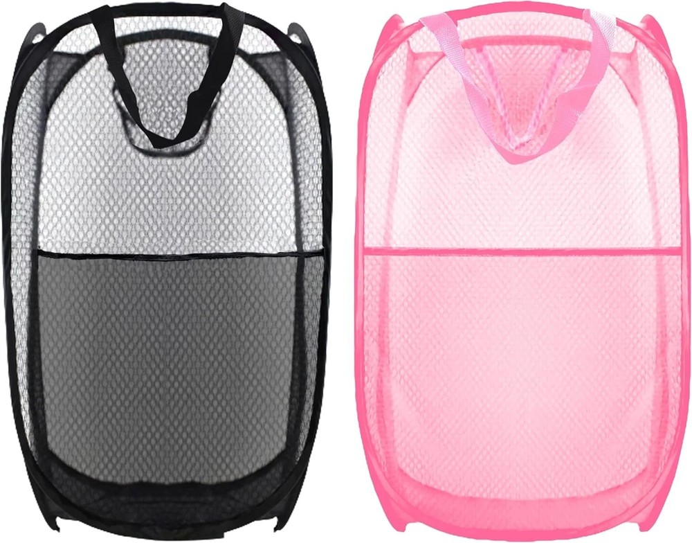 Collapsible Pop Up Laundry Hamper, Mesh Foldable Extra Large, 2P Black+Pink