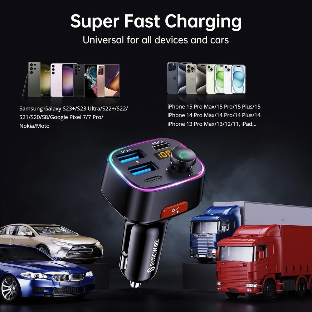 Bluetooth FM Transmitter with Light Switch, Fast Charging & Noise Cancellation