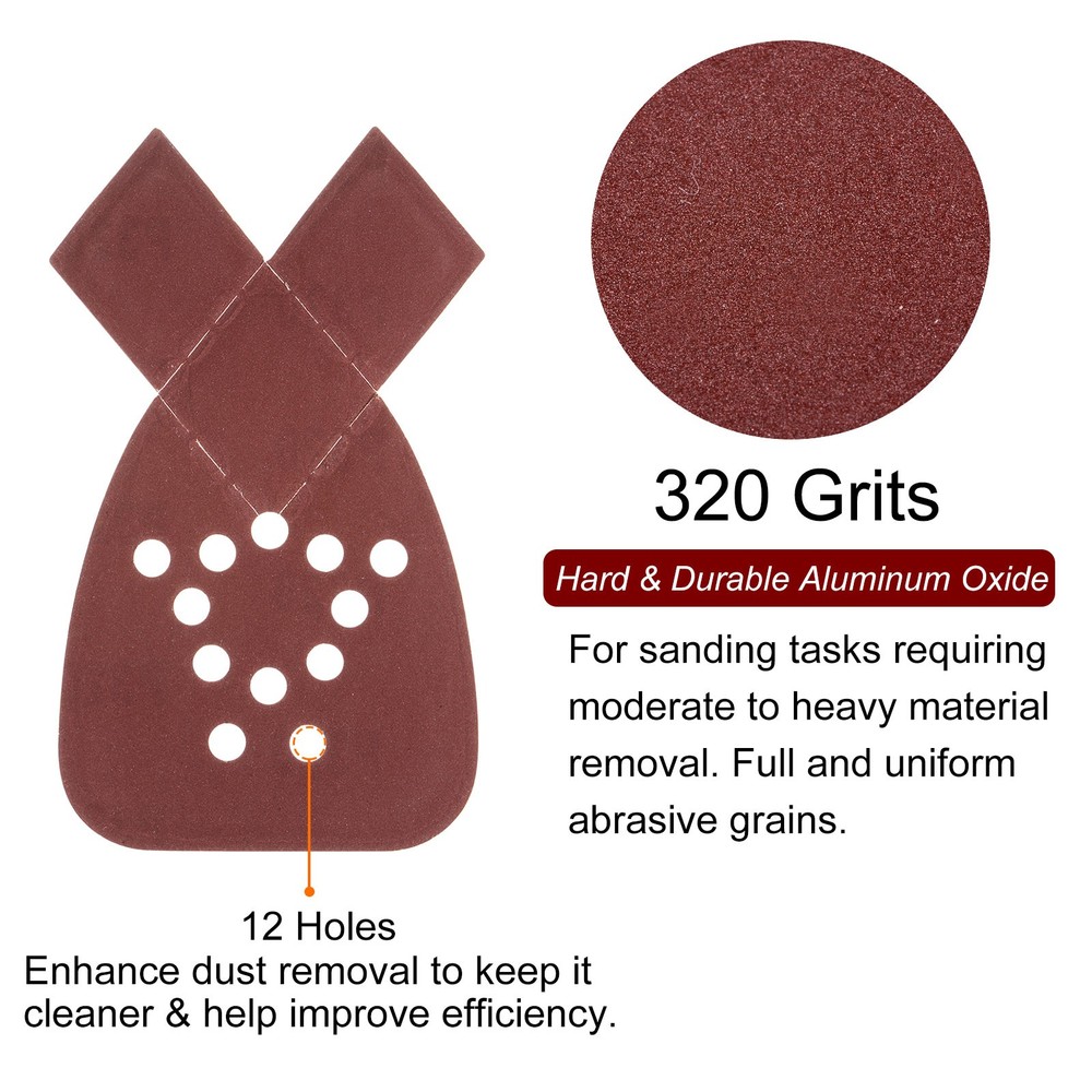 40pcs 320 Grit 12 Hole Hook Loop Sandpaper Triangular Sanding Pad with Extra Tip