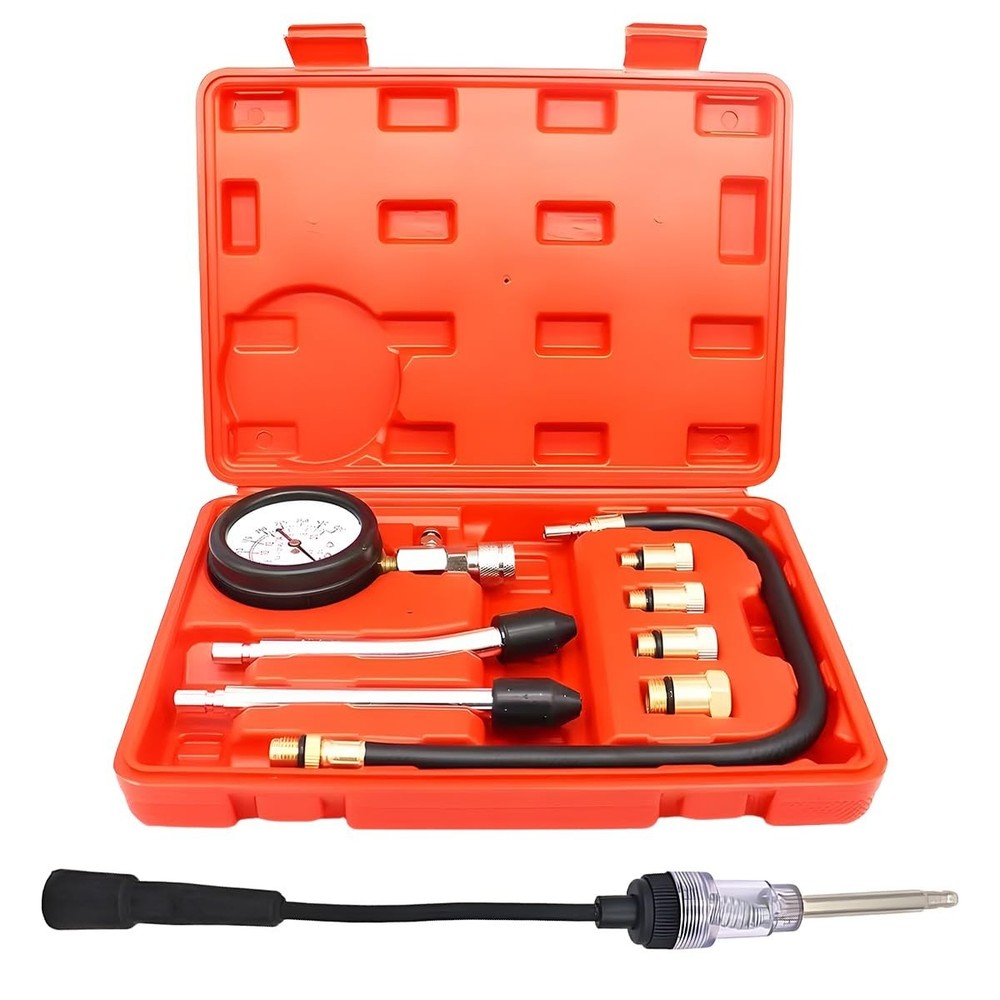 9PCS Engine Compression Tester Kit - 0-21 Bar, 0-300 PSI, Spark Plug Tester for