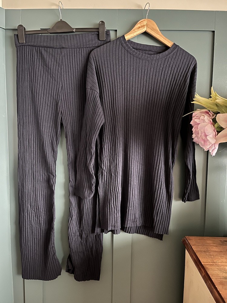 XL SHEIN CO ORD SET PYJAMAS RIBBED NAVY
