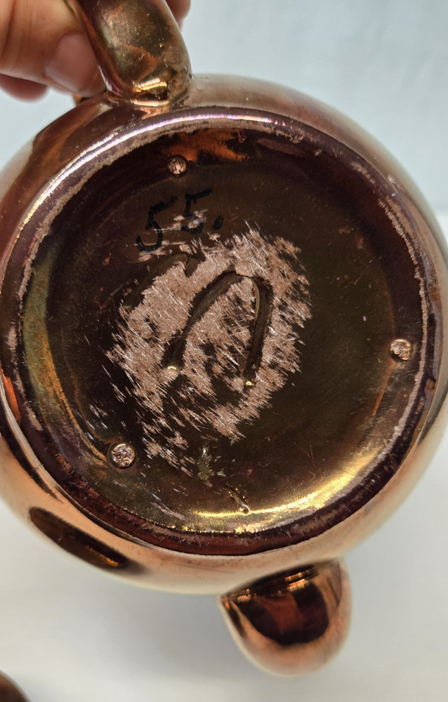 Copper Luster Teapot Blue Swirl Design Red Ware