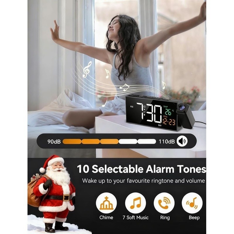 Projection Alarm Clock Adjustable Brightness Volume Temperature Display 4 in 1