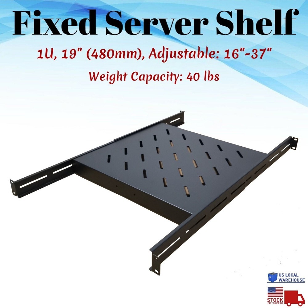 Fixed Server Rack Shelf 1U 19" 4 Post Mount Adjustable 16"-37" Extension Vented