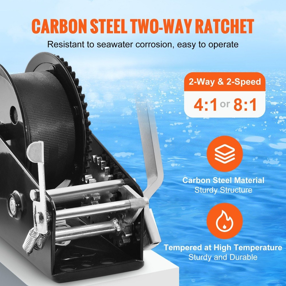 Hand Trailer Winch, Heavy Duty Rope Crank w/33ft Polyester Strap,3500 lb Pulling