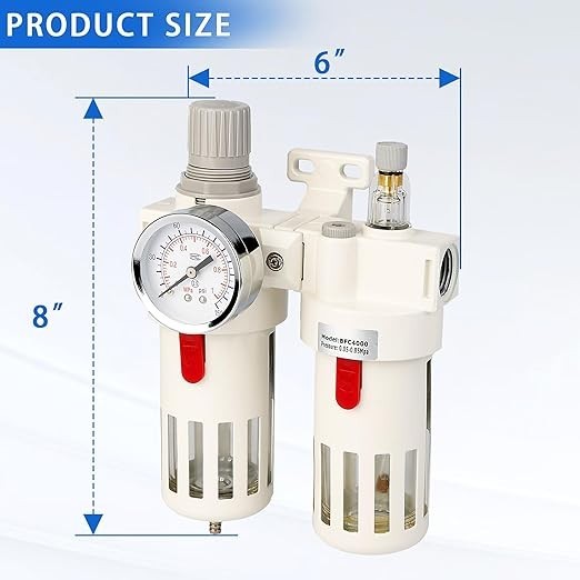1/2" NPT Compressed Air Filter Regulator Combo, 5 Micron Brass Filter