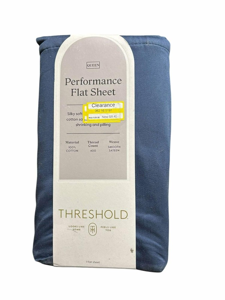 QUEEN Threshold  400 Thread Count Perfor Flat Sheet Sateen NAVY 100% Cotton