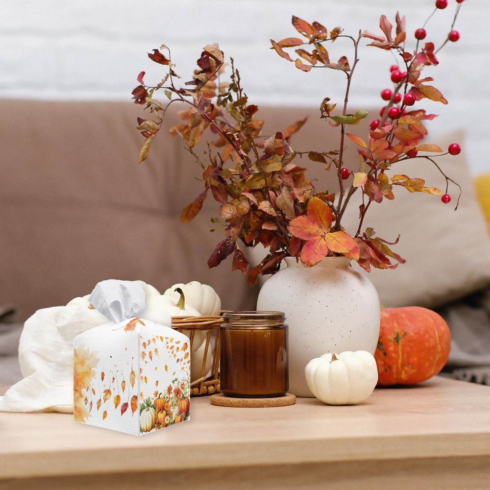 Fall Tissue Box Cover Square - Pumpkin & Fallen Leaves