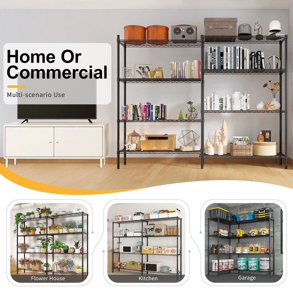 4-Tier Wire Shelving Unit 2-Column - Heavy Duty, Adjustable, Modular & Black