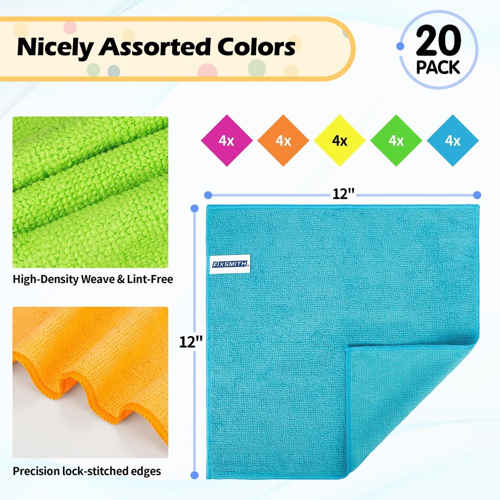 FIXSMITH Microfiber Cleaning Cloth, 20 Pack 20PK, 5 Colors Assorted
