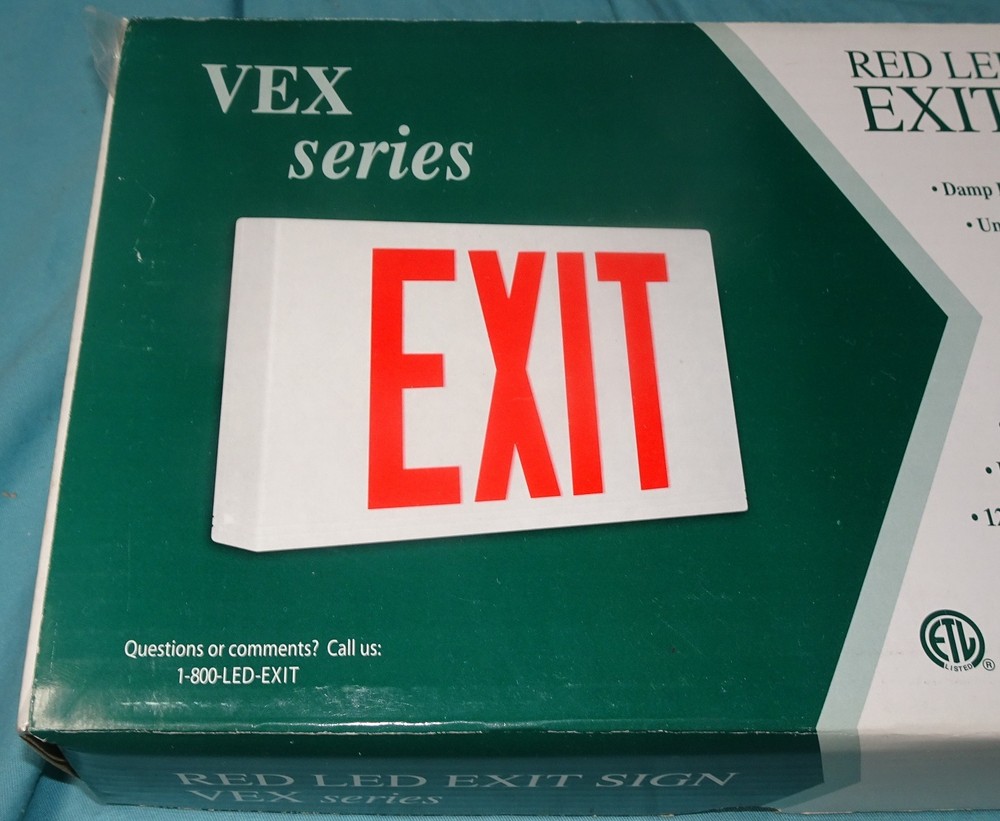 = Exitronix LED Exit Sign White Thermoplastic VEX-U-BP-WB-WH Double Sided RED