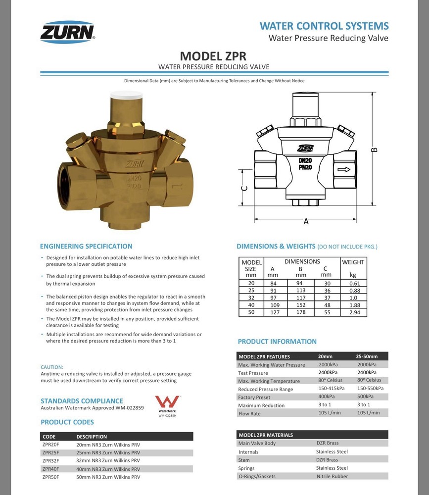Zurn ZPR20F 20mm Pressure Reducing Valve Adjustable 500kPa Watermark