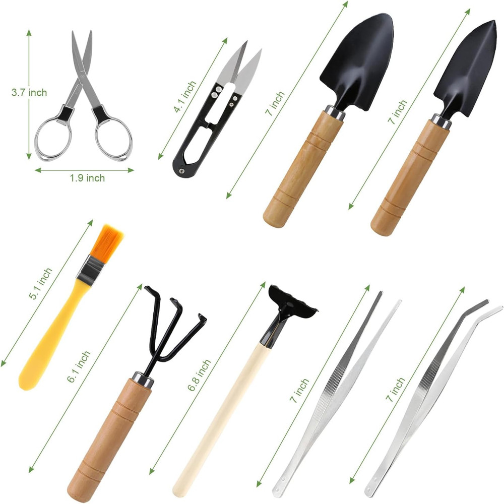 9 Piece Basic Bonsai Tools Set, Includes Pruning Shears, Mini Rake, Fold Scissor