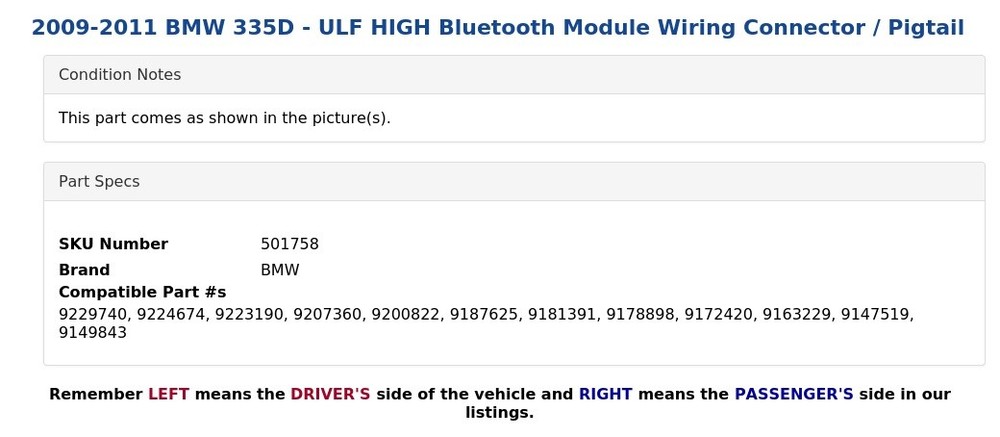 2009-2011 BMW 335D - ULF HIGH Bluetooth Module Wiring Connector / Pigtail