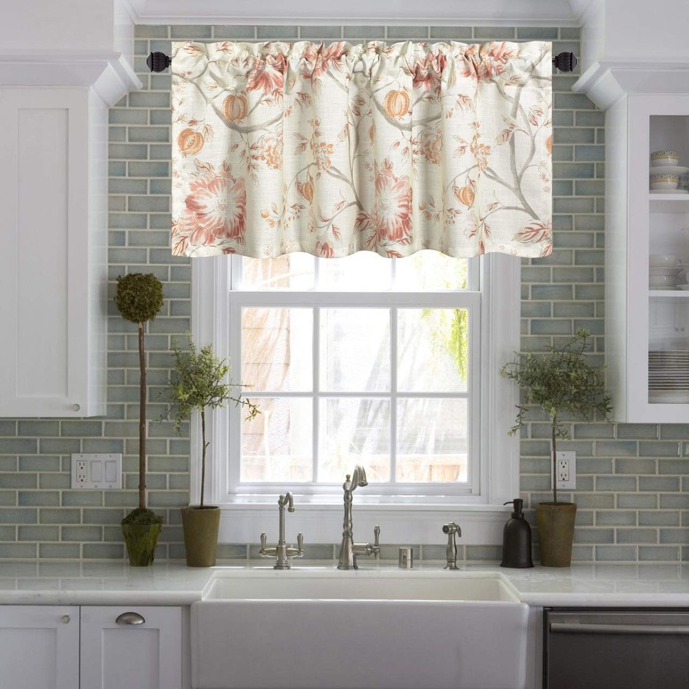 Kitchen Valances for Windows, Red Flowers Watercolor Plant Pattern Rustic Des...