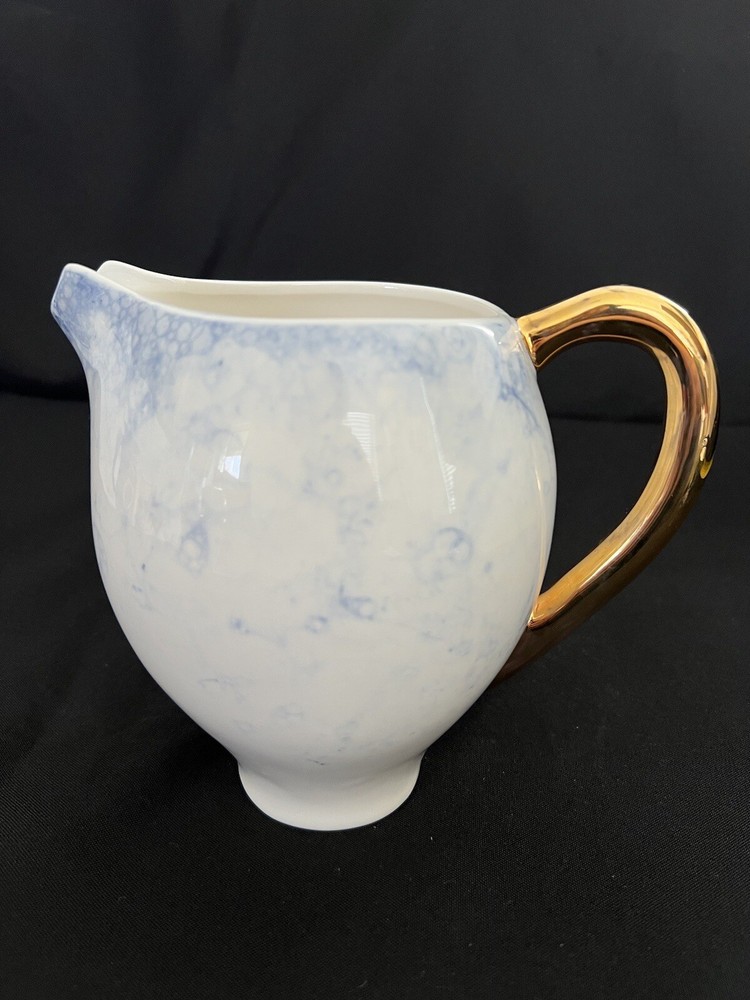 Anthropologie Eleodora Pitcher Blue & White Gold Handle