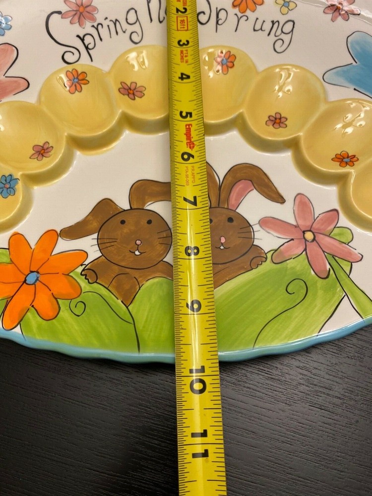 Colorful CRACKER BARREL Ceramic Egg Plate Bunny Flowers 'SPRING HAS SPRUNG' 13"