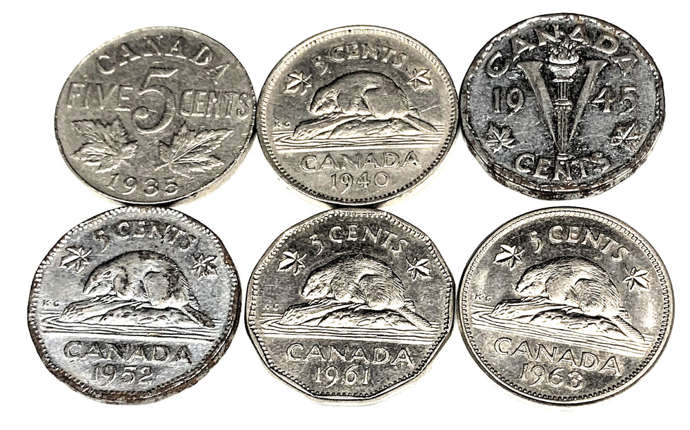 # C8244   CANADA    COINS,     FIVE  CENTS    6  DIFFERENT DATES
