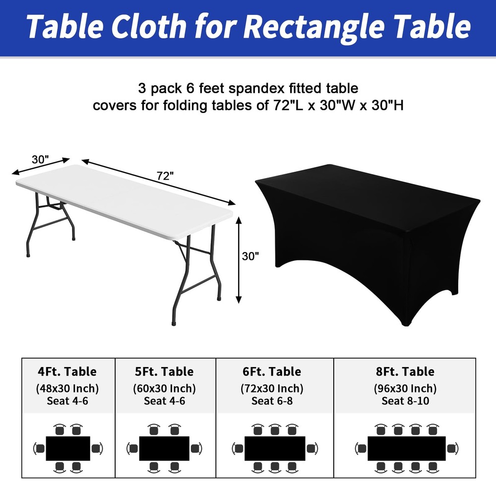 3 Pack Black Table Cloth for 6FT Rectangle Tables, Rectangular Tablecloths St...