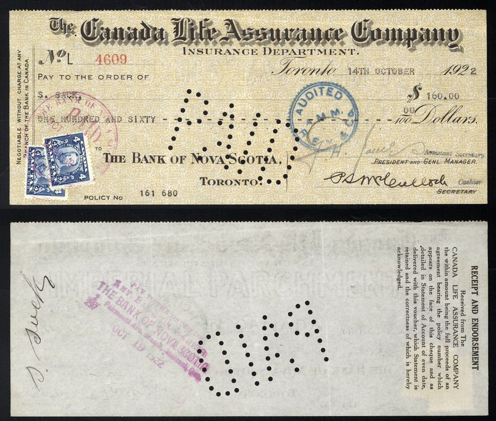One 1920s-1940s Canada draft/check with revenue stamp(s) attached from hoard