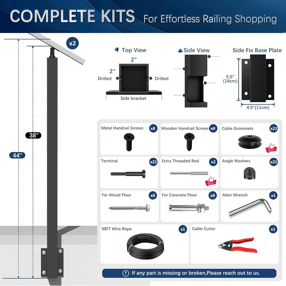 2 Pack Side Mount Stair Cable Railing Post Kits 44" for 36"/42" Systems