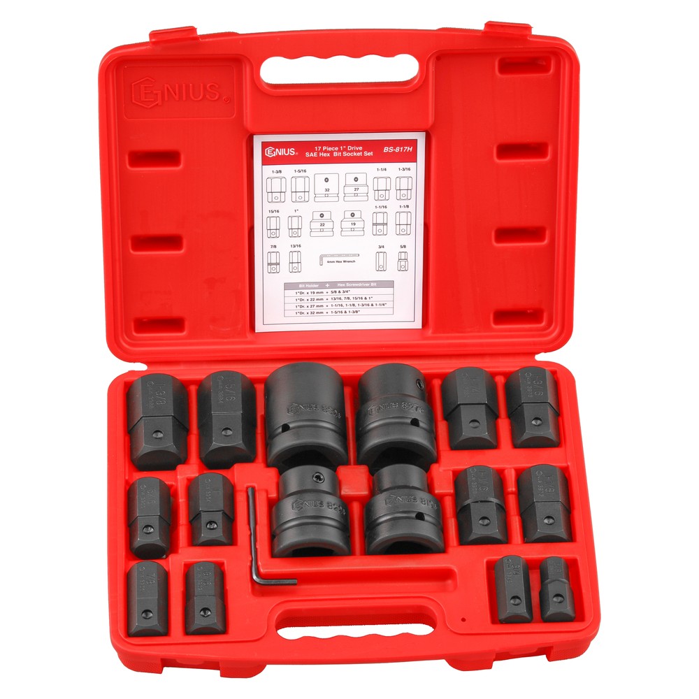 Genius Tools 17 Piece 1" Dr. SAE Hex Bit Socket Set (CR-Mo) - BS-817H
