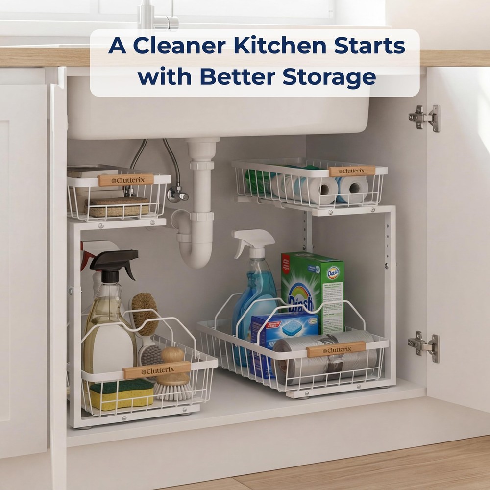 Clutterix Under Sink Organizer, 2 Pack, 2 Tier Sliding Standard Size, White