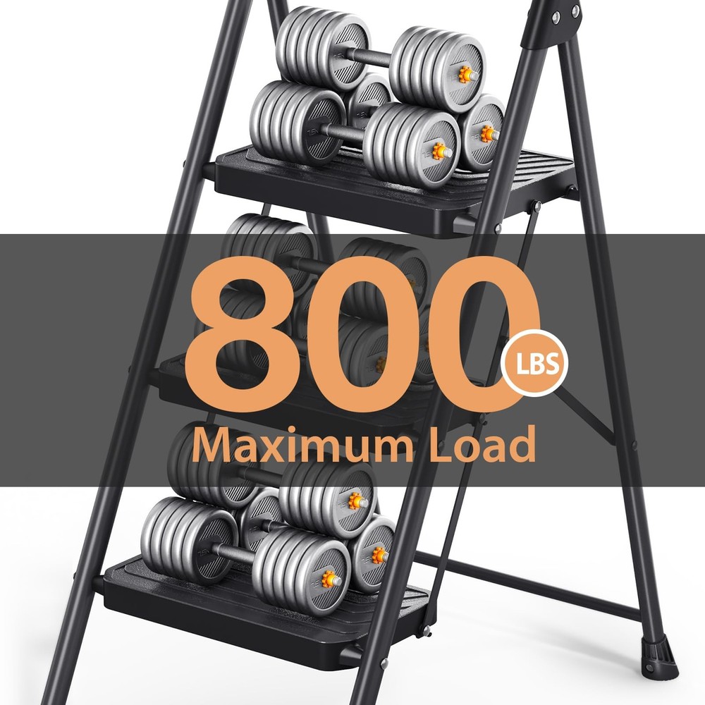 TOOLF 3 Step Ladder, Sturdy Steel Stool with 3 Black