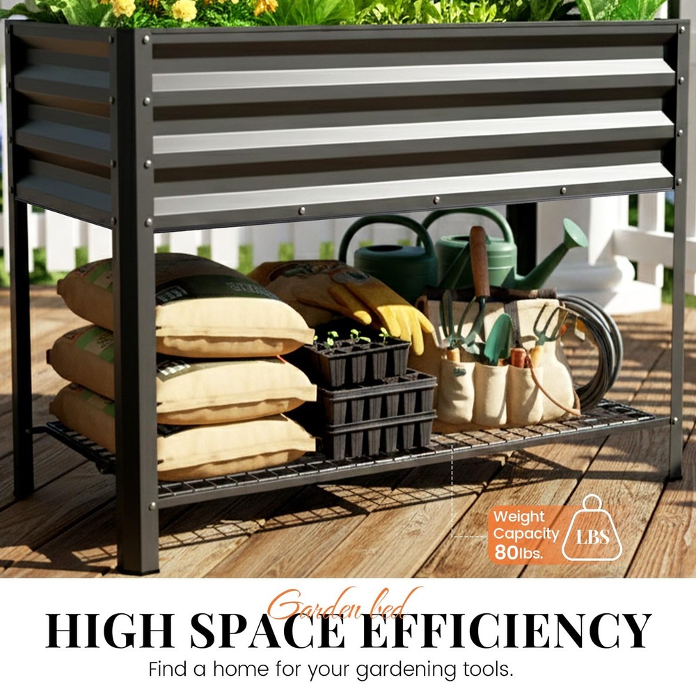 Large Raised Garden Bed with Legs & Storage Shelf Galvanized Elevated Planter...