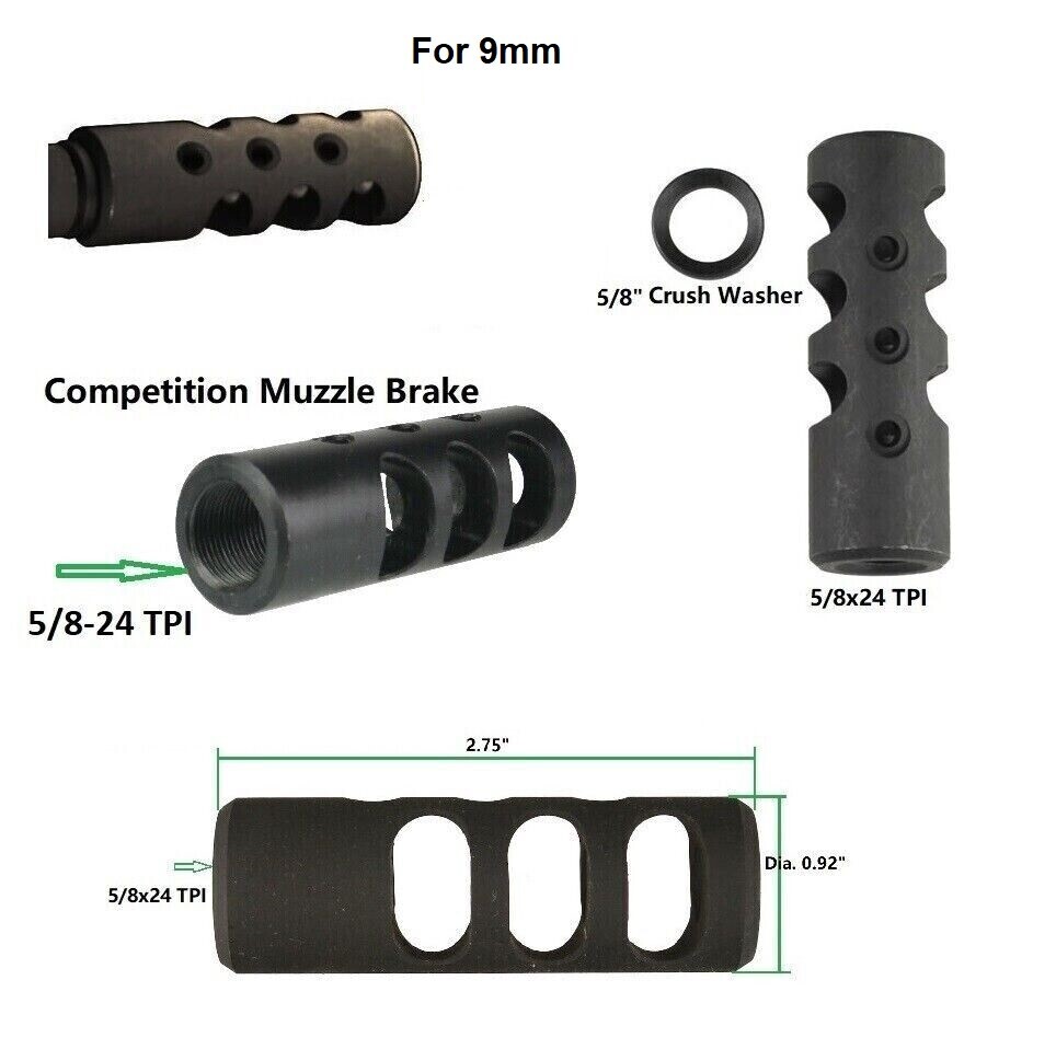 9mm 5/8x24 TPI Thread Competition Muzzle Brake Steel Compensator For Rifles