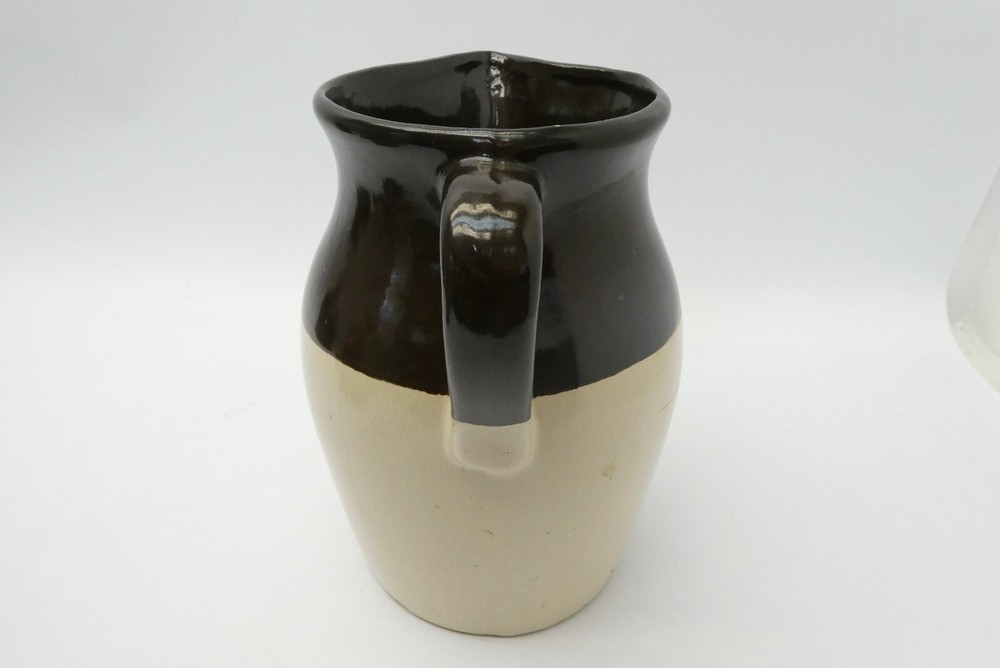 Brown Off-White Tan Single Handle Medium Size Stoneware Water Pitcher Jar