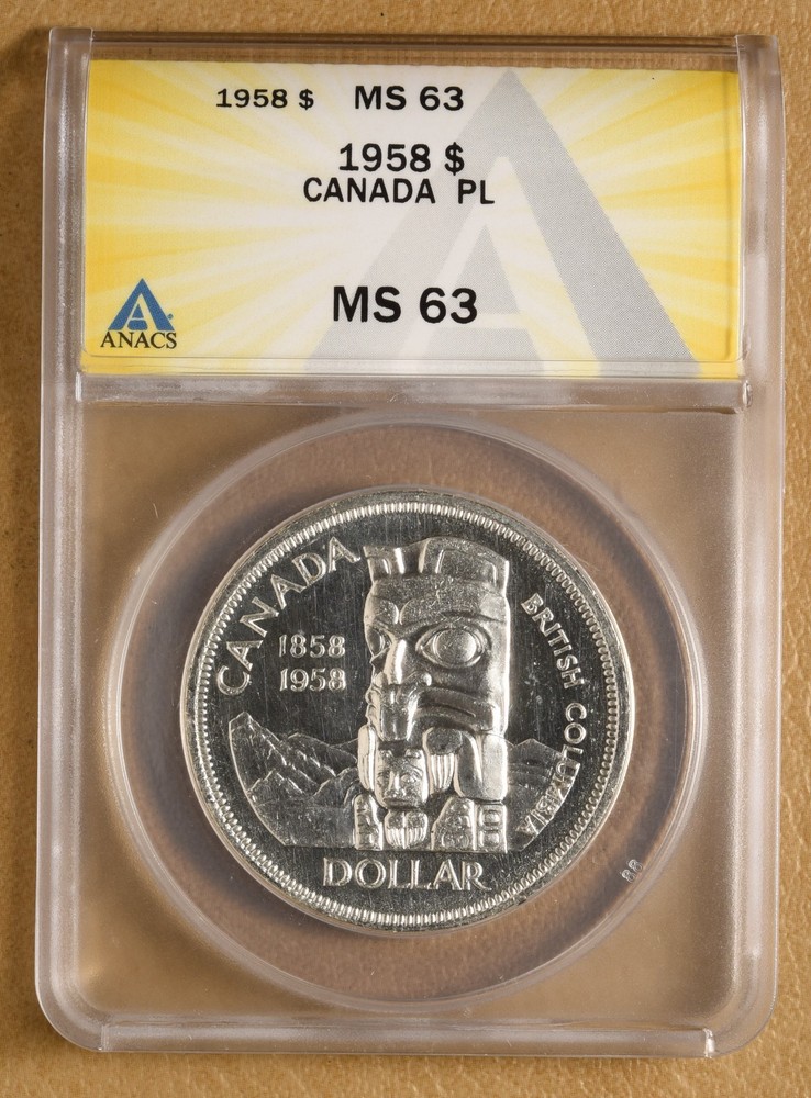 1958 PL Canada Silver Dollar ANACS MS63