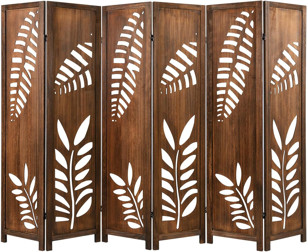 Boho Rustic Room Divider, 6 Panel Carved Leaf Folding Wood Screen, Fully Assembl