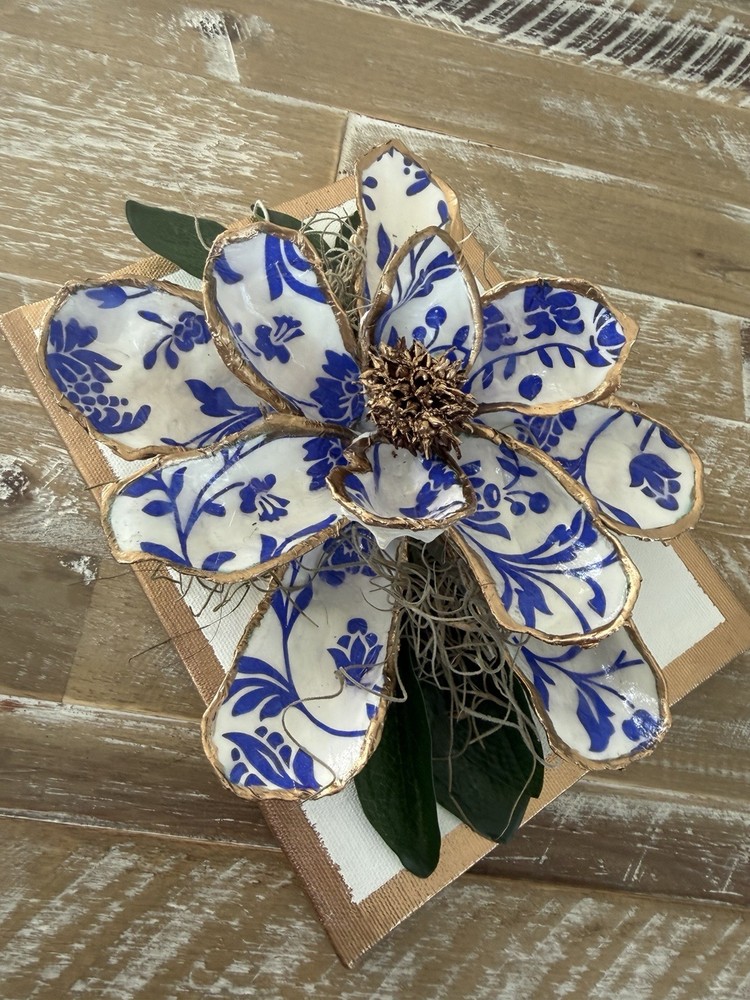 Handmade Oyster Shell Magnolia - Blue & White 8x6x3