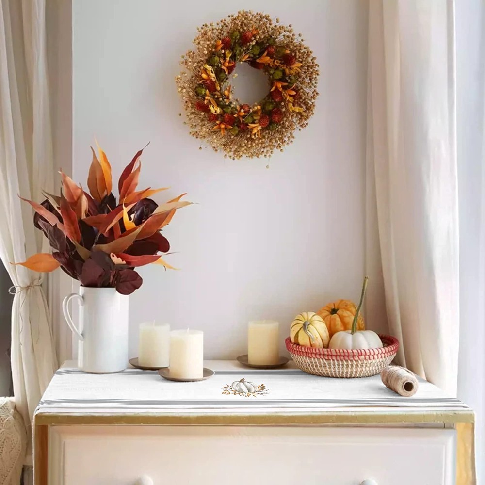 Fall Table Runners 108 Inch Thanksgiving Decorations White Pumpkin Leaf Branc...