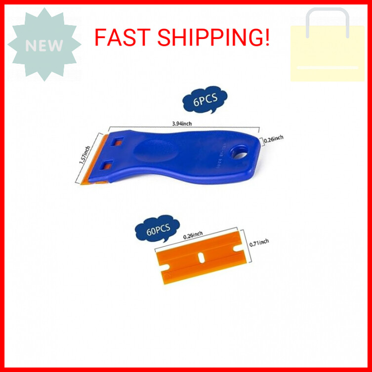 Plastic Razor Blade Scraper Tool, 6 Pcs Razor Scraper with 60 Pcs Plastic Blades