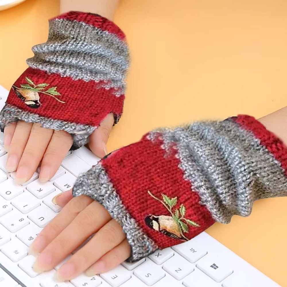 FOOMER Warm Patchwork Embroidered Fingerless Gloves with Medium, Green