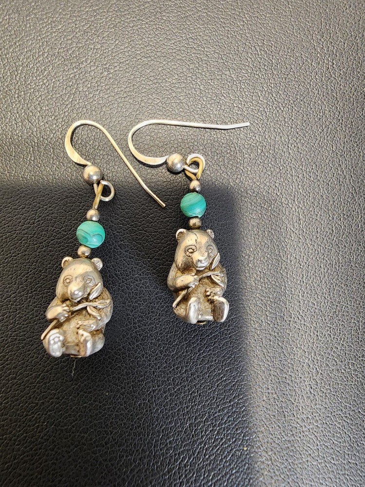 Vintage Sterling Silver Malachite Panda Bear Earrings