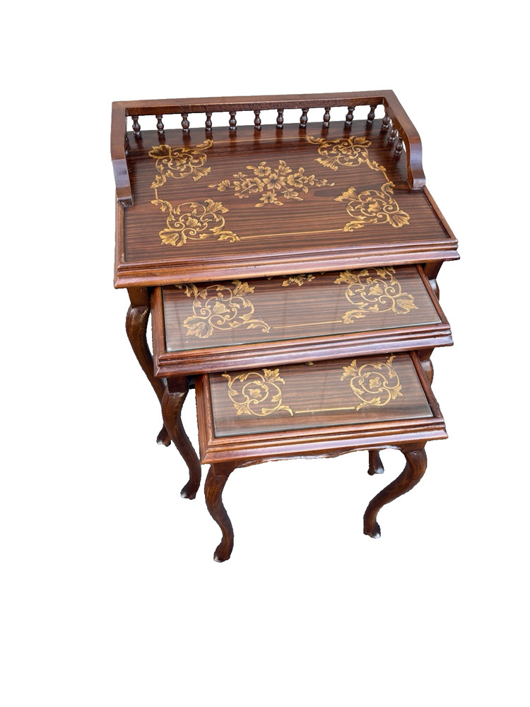 67334 Inlaid Mahogany 3 Stack Table Set with Gallery