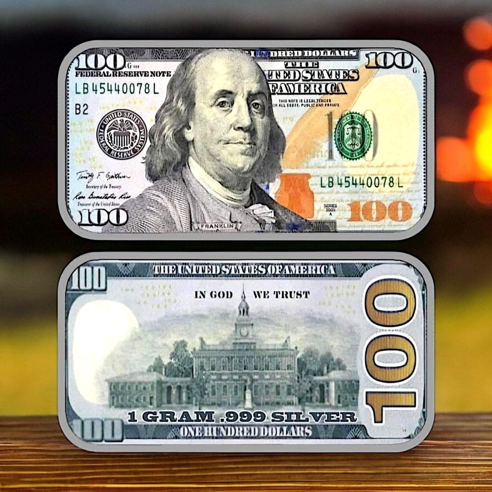 Colorized .999 Fine Silver 1g $100 Bill Design Benjamin Franklin Bar