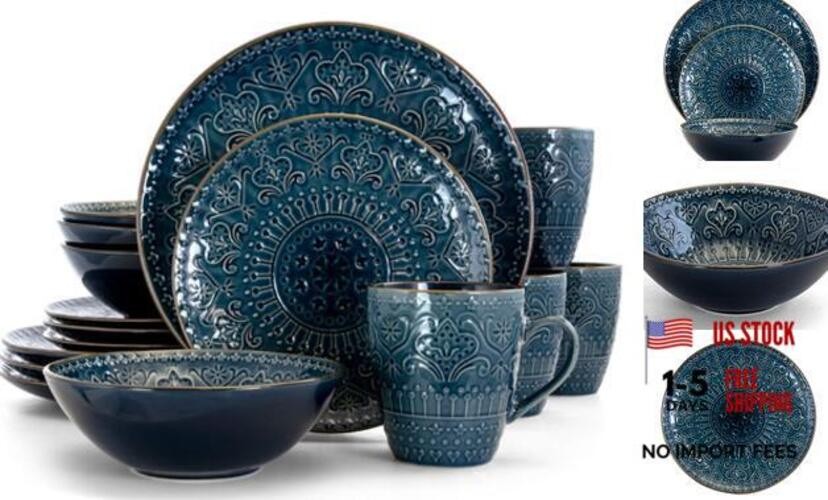 Deepsea Mozaic 16 Piece Round Stoneware Dinnerware Set in Sea Blue